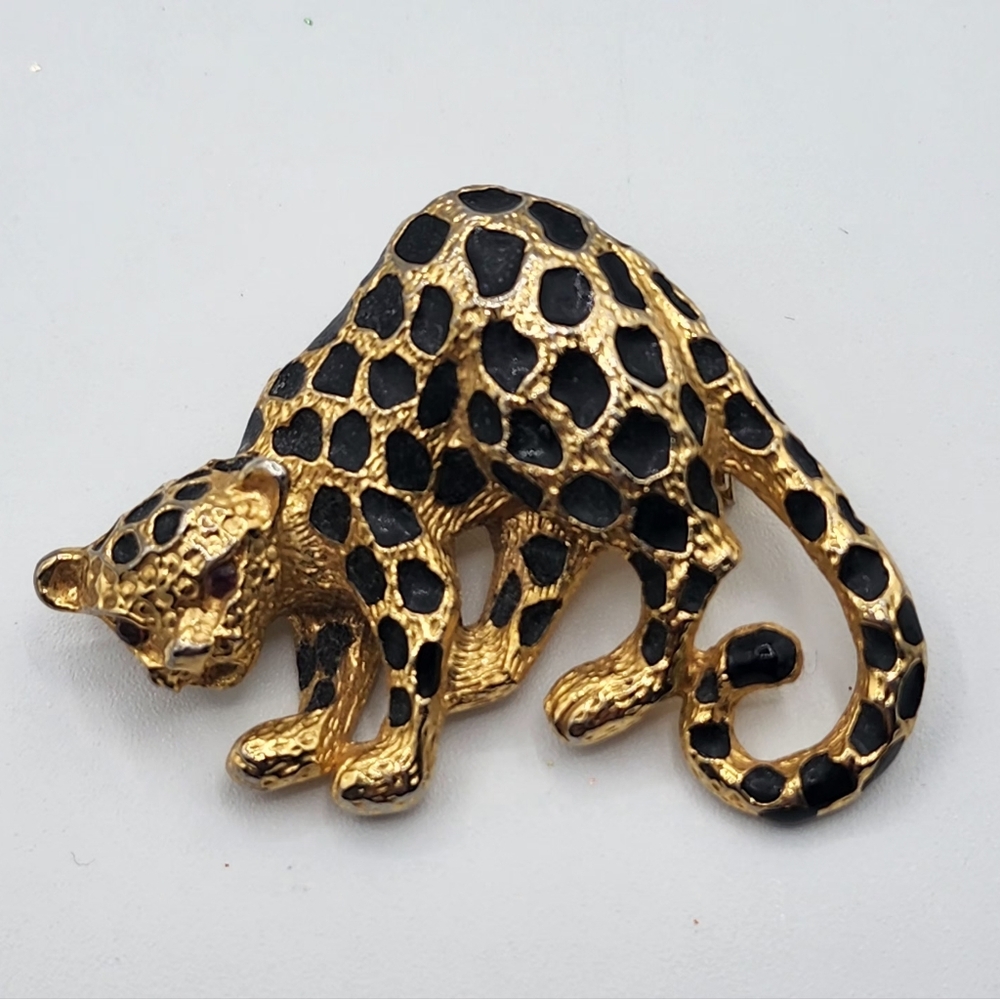 Vintage Park Lane Enamel Leopard Brooch/Pendant Red Rhinestone Eyes